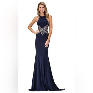 Elizabeth K by GLS Halter Neckline Navy Beaded Formal Gown Mesh Embellishment